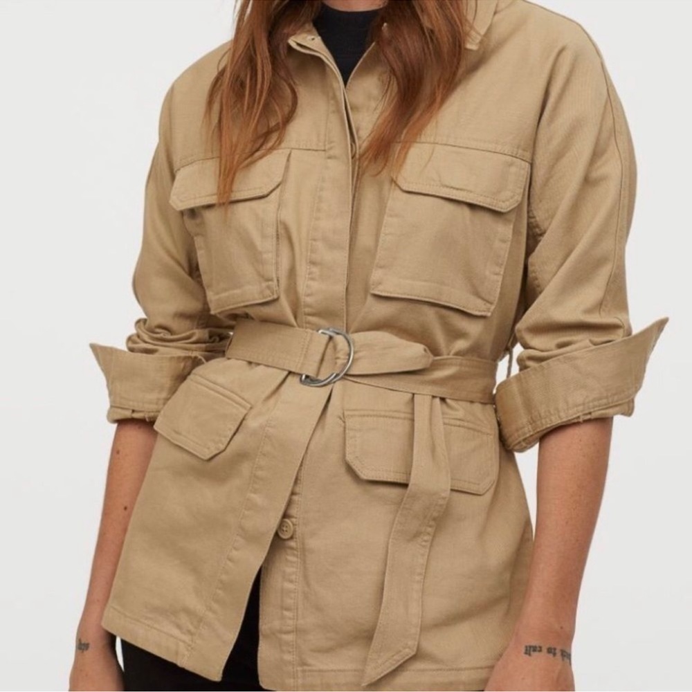 H&M Beige Belted Shirt Jacket With Pockets